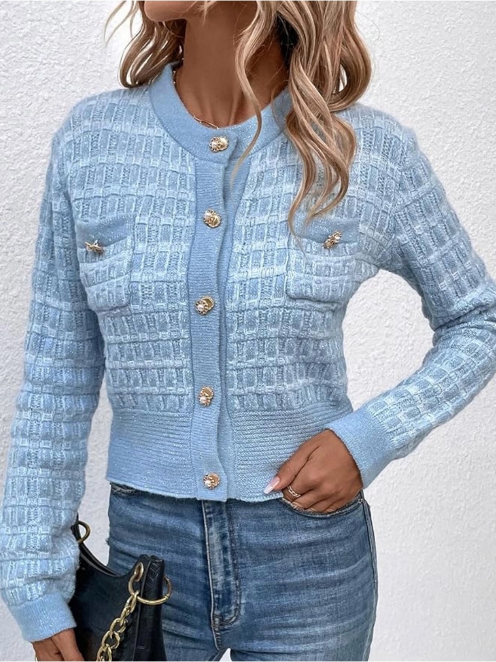 Baby Blue Pearl Button Textured Knit Cropped Cardigan – Size Medium